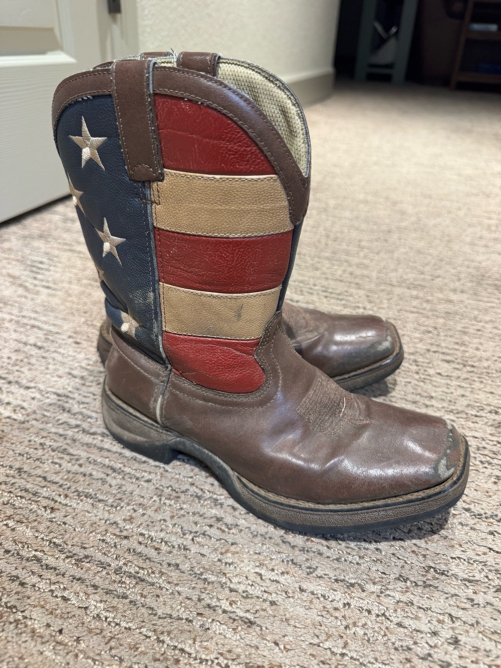 Boys Durango Brown Leather Western Boots with American Flag Shaft size 4